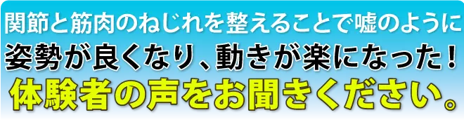 関節と筋肉のねじれを整えることで嘘のように姿勢が良くなり、動きが楽になった!体験者の声をお聞きください。
